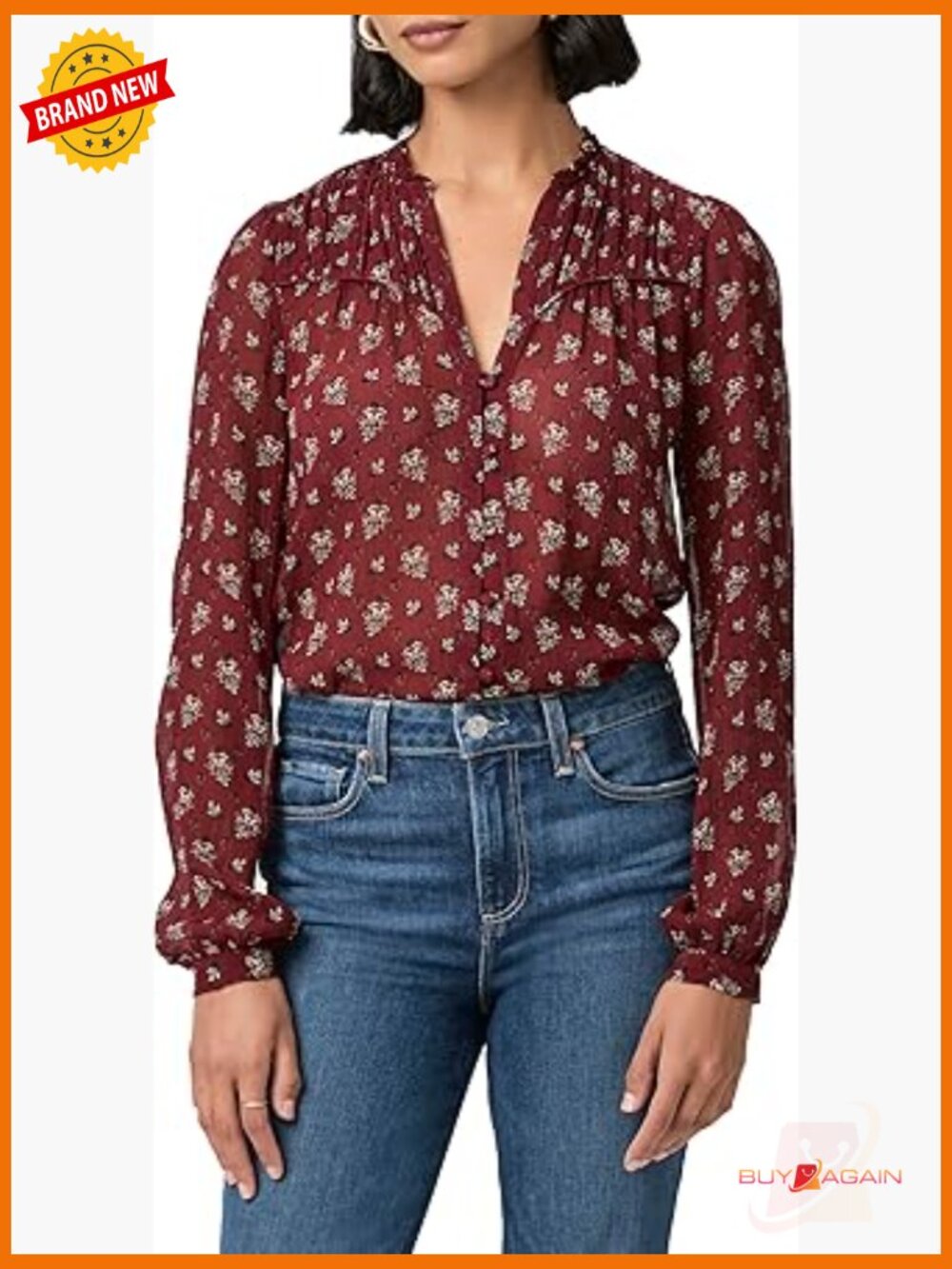 Long Sleeve Silk Blouse With Ruffles And Covered Buttons